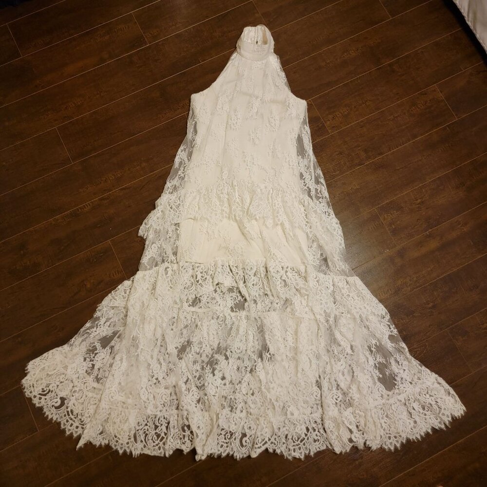 BHLDN Lace Halter Ruffle Peekaboo Maxi Dress Wedding Whimsical Romantic Womens S - Picture 2 of 10